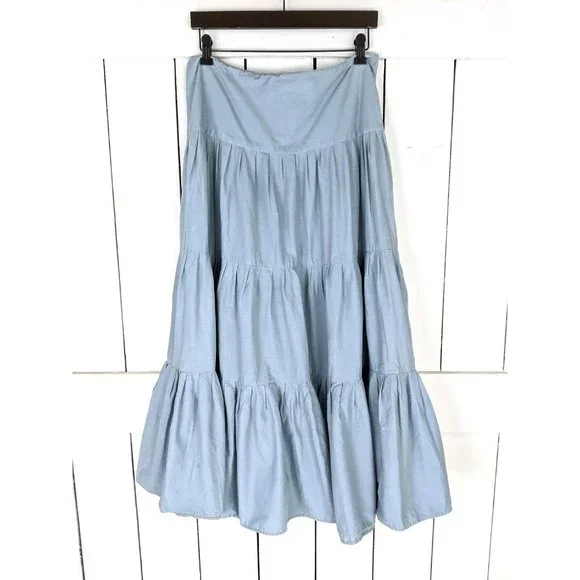 Light blue cotton ruffle jean denim maxi skirt - Picture 2 of 4